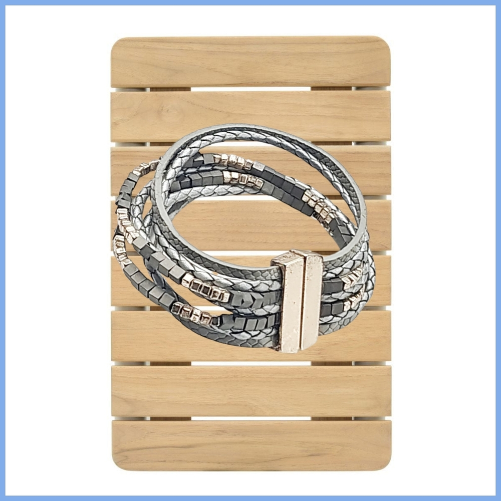 Multi-Layer Gray Faux Leather Bracelet w/ Magnetic Lock
